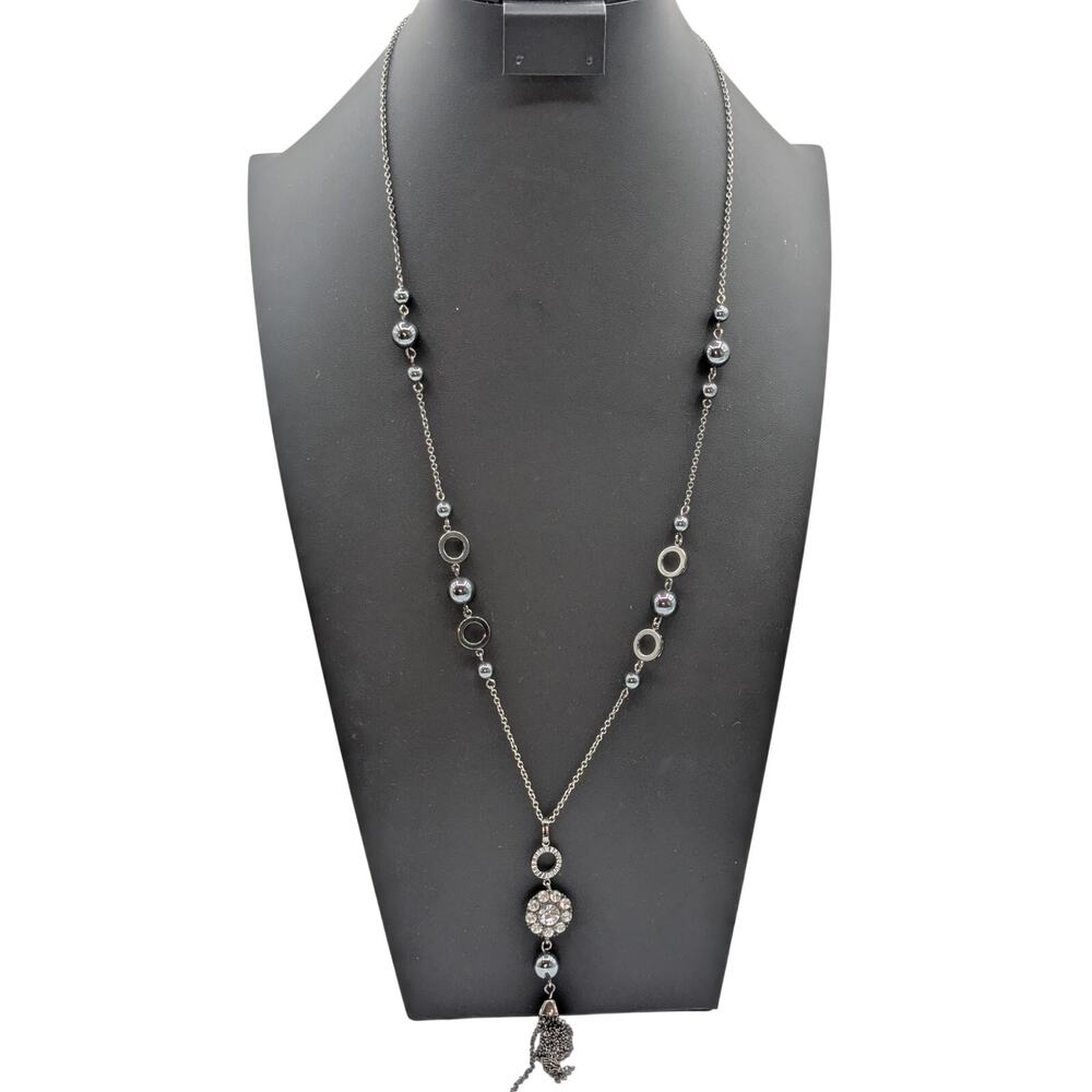 Lia Sophia Gun Metal Metallic Bead Rhinestone Tassel 27"-30" Chain Necklace